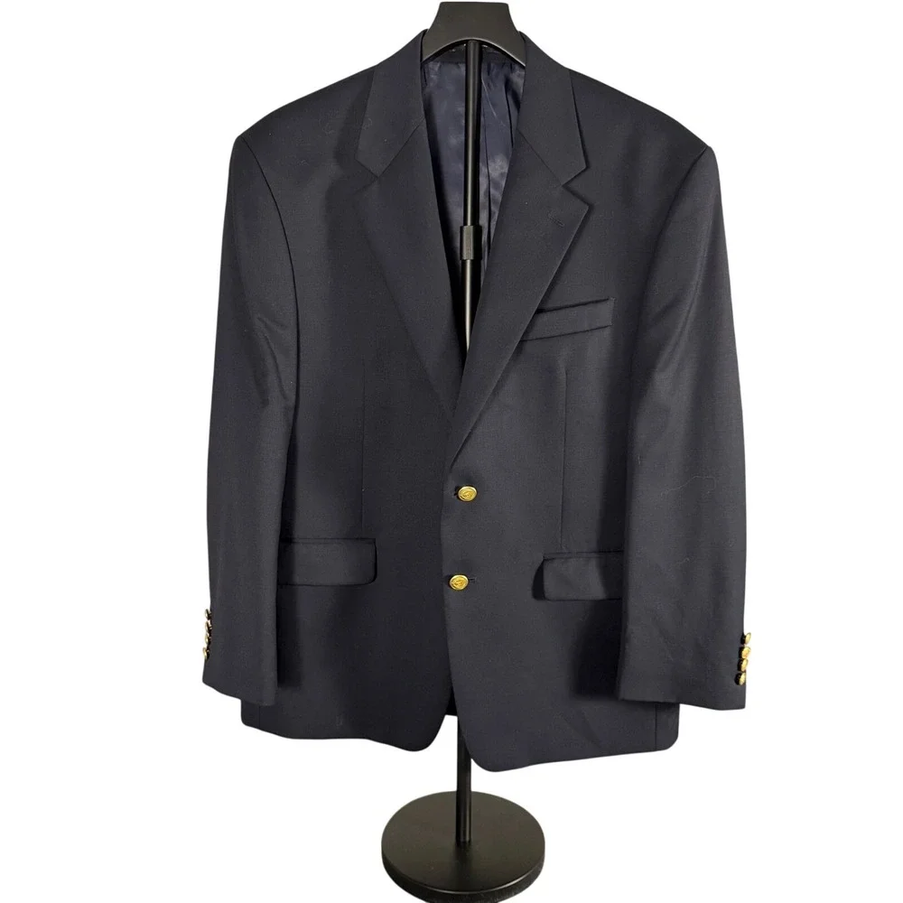 Chaps‎ Mens Navy Blue 100% Wool Blazer Gold Crest Buttons Sport Coat 42S
